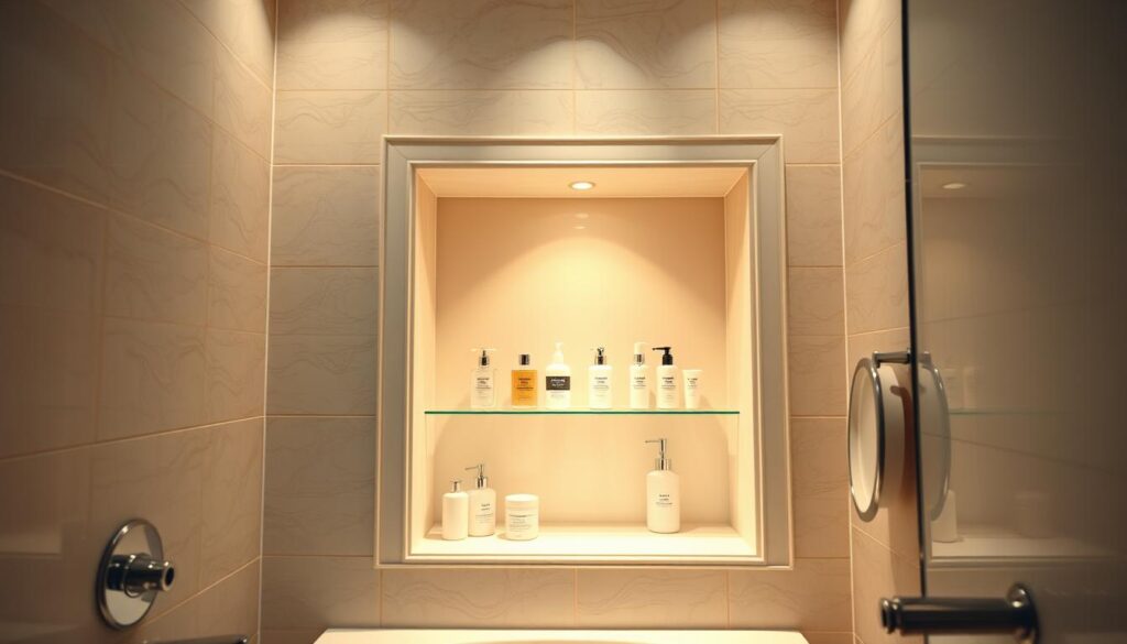 An inviting, well-lit bathroom niche with soft, warm lighting that illuminates the recessed shelving. The niche is framed by elegant, tiled walls, creating a visually pleasing and functional alcove. Bright, focused task lighting highlights the contents of the niche, allowing for easy access and visibility. The lighting is subtly integrated into the design, enhancing the overall aesthetic and creating a soothing, spa-like atmosphere. The scene is captured with a wide-angle lens, showcasing the niche's depth and highlighting the seamless integration of the lighting with the surrounding tiles and fixtures.