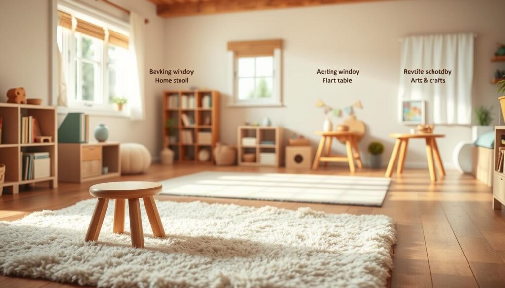 Cozy children's playroom with warm, natural lighting. In the foreground, a simple wooden stool stands on a plush rug, inviting little ones to sit and play. The middle ground showcases a variety of potential stool placement locations - beside a bookshelf, under a window, or next to a small table for arts and crafts. The background depicts a tranquil, homey environment, with soft colors and minimal decor, creating a calming, nurturing atmosphere. The scene conveys the importance of selecting the right, child-friendly spot for the wooden stool, promoting safety, comfort, and learning.