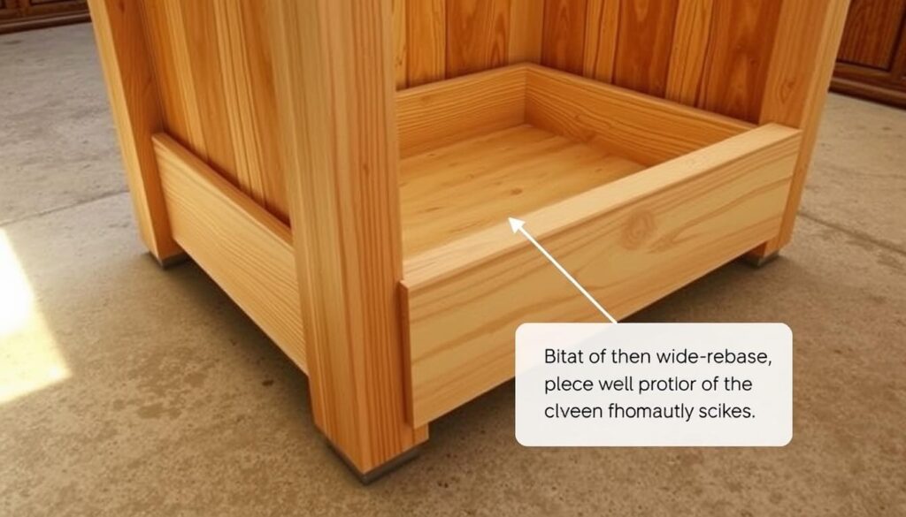 Detailed illustration of a sturdy wood bin construction in warm, natural lighting. A well-crafted wooden base with visible wood grain and joinery, sitting on a smooth concrete surface. Careful attention to the structural integrity of the design, with thick, robust side panels and a slightly elevated bottom to prevent moisture buildup. The bin has a simple, functional aesthetic, conveying a sense of durability and practicality. Slightly angled camera perspective to showcase the thoughtful construction and material choices, creating a visually appealing and informative reference image.