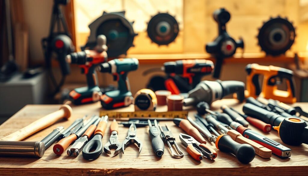 Essential hand tools and power tools for DIY, arranged on a wooden workbench in a well-lit workshop. In the foreground, a selection of basic hand tools including a hammer, screwdrivers, pliers, and a tape measure. In the middle ground, power tools such as a cordless drill, a jigsaw, and a rotary tool. In the background, shadowy outlines of larger power tools like a circular saw and a random orbital sander. The scene is bathed in warm, natural lighting, casting subtle shadows and highlighting the textures of the various tools. The overall mood is one of utility and productivity, conveying the necessary tools for a DIY project.