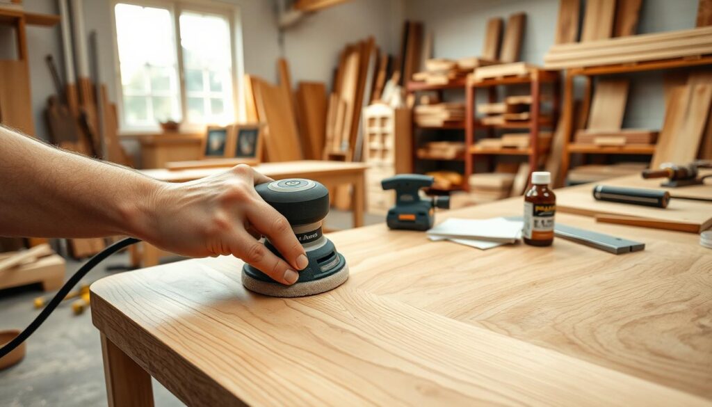 Sanding wood for furniture finishing: A detailed workshop scene. In the foreground, a hand skillfully guides a palm sander over a smooth wooden surface, revealing the natural grain. In the middle ground, various woodworking tools are neatly organized on a workbench, including a orbital sander, sandpaper sheets, and a wood stain. The background features a well-lit, organized workshop space with shelves of lumber and finished furniture pieces. Soft, natural lighting filters in from large windows, casting a warm, inviting atmosphere. The scene conveys the care and precision required to achieve a professional, high-quality furniture finish.