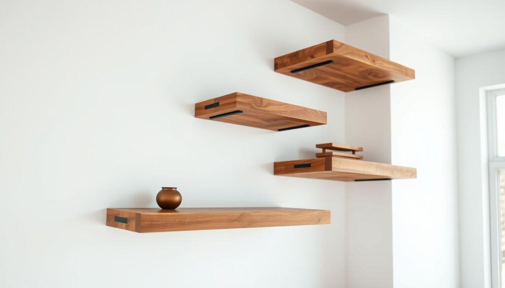 a high-quality, detailed image of unique invisible wooden shelves suspended in a minimalist, bright, and airy interior space. The shelves should be made of reclaimed or repurposed wood, with a natural, rustic finish that seamlessly blends into the surrounding wall. The lighting should be soft and diffused, highlighting the textures and grains of the wood. The camera angle should be slightly elevated, capturing the full height and depth of the shelves, as well as the overall sense of weightlessness and integration with the room's design. The atmosphere should convey a sense of simplicity, elegance, and functional beauty, reflecting the article's emphasis on enhancing a space with invisible yet impactful storage solutions.