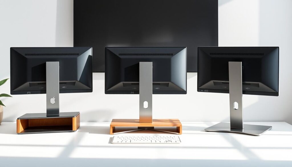 a meticulously crafted array of elegant monitor stands, showcasing sleek and practical designs with thoughtful storage compartments, captured in a soft, natural lighting setup at a slightly elevated perspective to highlight the visual appeal and functional features. The stands are constructed with a mix of refined materials such as wood, metal, and tempered glass, exuding a sense of modern minimalism and sophisticated style. The image should convey a clean, well-organized workspace, inspiring the viewer to envision the ideal monitor setup for their own productive and visually-appealing environment.