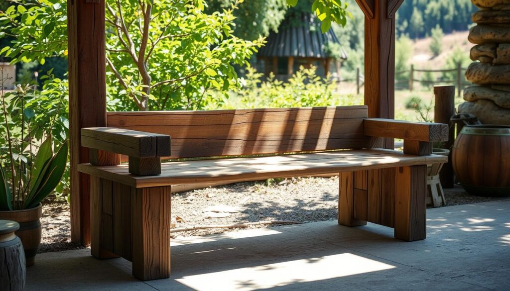 a well-crafted upcycled wood bench in a rustic, natural setting, with a warm, inviting atmosphere. The bench is made from repurposed wooden planks and beams, arranged in a simple, yet sturdy design. The wood has a weathered, distressed appearance, adding to the charm and character of the piece. The bench is positioned in a sun-dappled area, with a background of lush, green foliage and a hint of a wooded landscape. Soft, natural lighting casts gentle shadows, highlighting the wood's grain and texture. The overall composition conveys a sense of tranquility, sustainability, and a connection to the natural world.