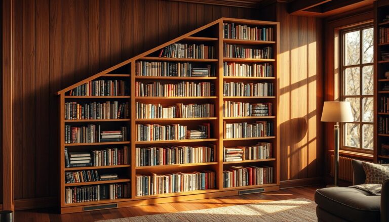estante de livros inclinada