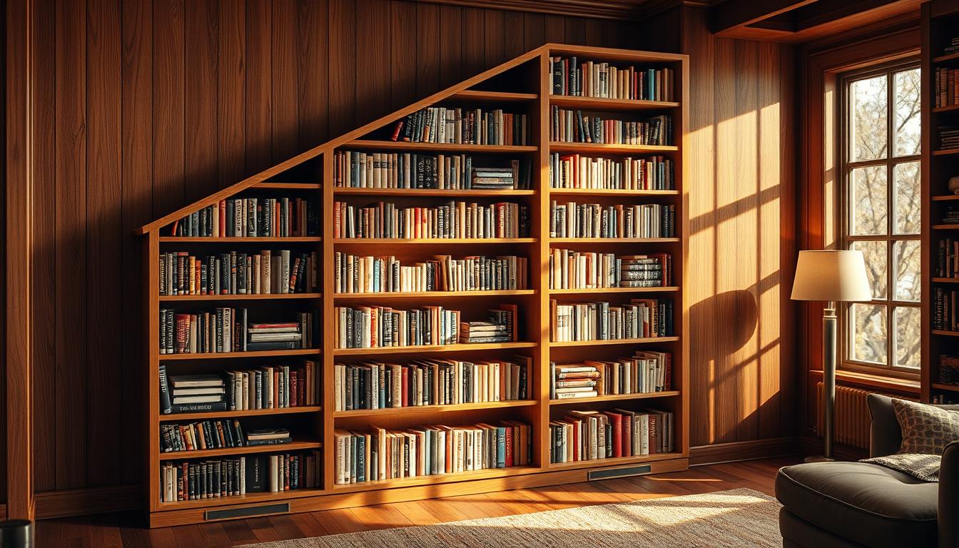 estante de livros inclinada