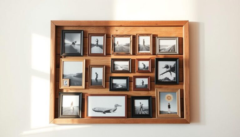 painel de fotos com madeira reaproveitada