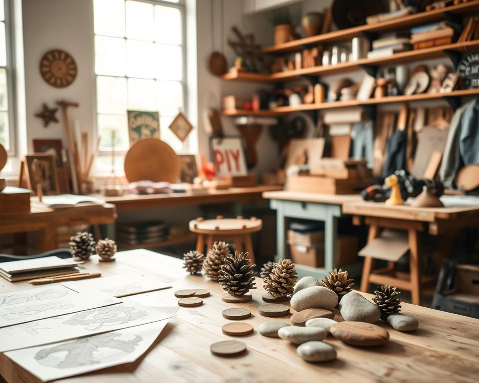 A bright, airy studio space filled with an array of inspirational materials for crafting wooden coasters. In the foreground, a wooden table is covered in sketches, swatches, and prototypes, hinting at the creative process. The middle ground showcases a carefully curated collection of natural elements like pinecones, leaves, and smooth river stones, serving as muses for the coaster designs. Soft, diffused lighting filters in through large windows, casting a warm glow and inviting the viewer to explore the space. The background features shelves and surfaces displaying an eclectic mix of vintage tools, craft books, and repurposed materials, reflecting the DIY ethos of the project. An atmosphere of thoughtful exploration and hands-on creativity permeates the scene.