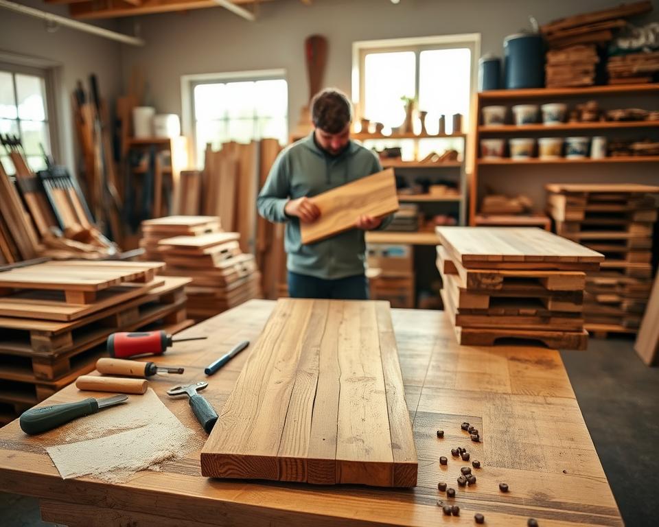 A bright, well-lit workshop setting with a wooden workbench in the foreground, displaying an assortment of hand tools, sandpaper, and piles of reclaimed pallet wood. In the middle ground, a person is carefully examining the texture and grain of a pallet board, evaluating its suitability for a DIY project. The background features shelves stocked with various woodworking supplies and a large window that lets in natural light, creating a warm, inviting atmosphere. The scene conveys a sense of focused preparation and craftsmanship, setting the stage for the transformation of pallet wood into unique, personalized pieces.
