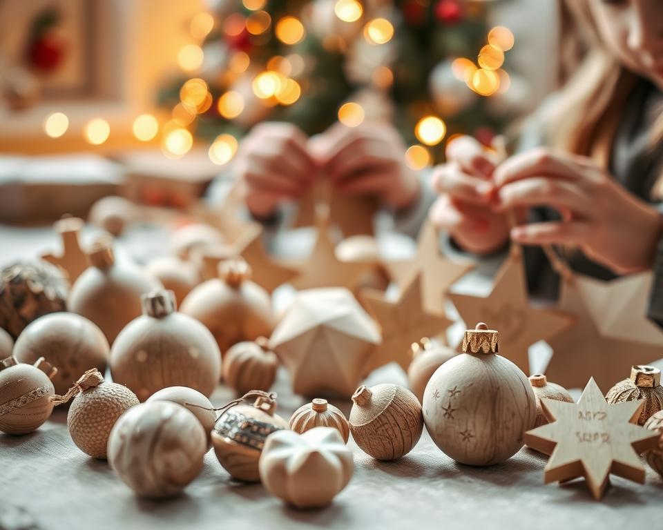 A cozy and inviting scene of handmade wooden ornaments crafted by small hands. In the foreground, a variety of natural, organic shapes and textures - spheres, stars, and silhouettes, each adorned with simple patterns and designs. The middle ground showcases the process, with children's hands carefully painting, carving, and assembling the ornaments against a backdrop of warm, diffused lighting. In the background, a softly blurred, festive setting - perhaps a Christmas tree or holiday display - sets the mood for this heartwarming, family-oriented activity. Soft, muted tones evoke a sense of nostalgia and homemade charm, while the composition emphasizes the joy and focus of the creative process.