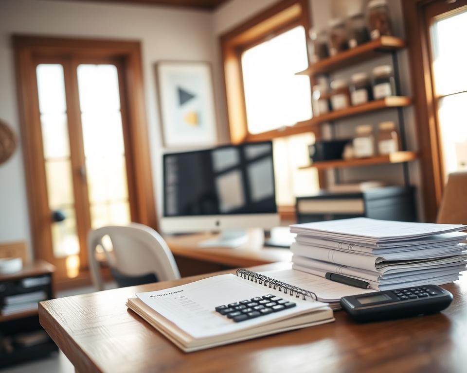 A cozy home office setup with a wooden desk, a desktop computer, and a stack of budgeting materials. Warm, natural lighting filters through a large window, casting a soft glow on the scene. In the foreground, an open notebook and a calculator sit atop the desk, reflecting the process of planning and tracking expenses for upcoming DIY projects. Shelves on the wall display labeled jars and containers, hinting at an organized approach to budgeting. The overall atmosphere is one of focus, productivity, and a sense of careful financial management for the farmhouse-style DIY endeavors.
