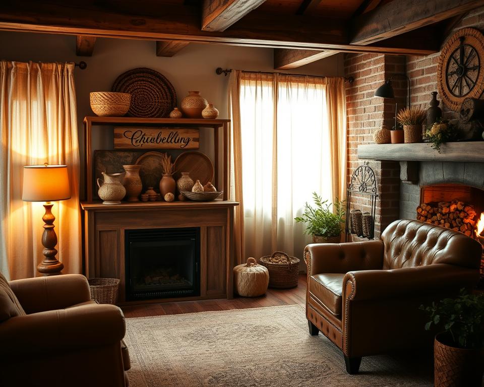 A cozy rustic living room with warm, soft lighting filtering through sheer curtains, illuminating a wooden shelving unit displaying an assortment of natural elements - woven baskets, earthenware pottery, and weathered signs adorned with calligraphic text. A plush, tufted leather armchair sits adjacent, inviting relaxation, while a crackling fireplace casts a gentle glow across the room. Wooden beams and exposed brick walls lend an authentic, homey ambiance, complemented by a woven area rug and a pair of potted plants adding a touch of greenery. This intimate, inviting space embodies the charm of rustic decor, perfect for showcasing handcrafted wooden signs.