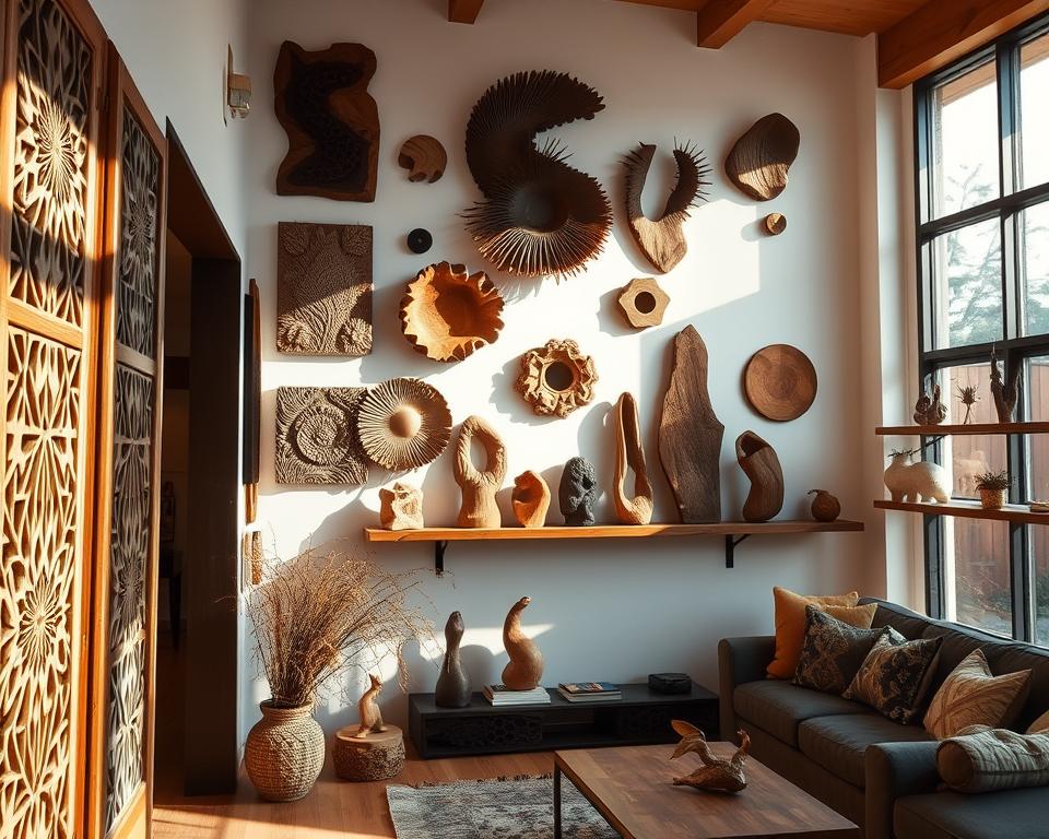 A cozy, well-lit living room showcasing a stunning collection of unique wooden wall art pieces. In the foreground, intricate carved panels and geometric patterns adorn the walls, casting captivating shadows and textures. The middle ground features rustic wooden shelves displaying natural wooden sculptures, each with its own organic shape and grain. In the background, large floor-to-ceiling windows allow natural light to flood the space, enhancing the warm, earthy tones of the wooden artworks. The overall atmosphere is one of tranquility and a deep appreciation for the beauty of natural materials. The camera angle is slightly elevated, providing a comprehensive view of the carefully curated display.