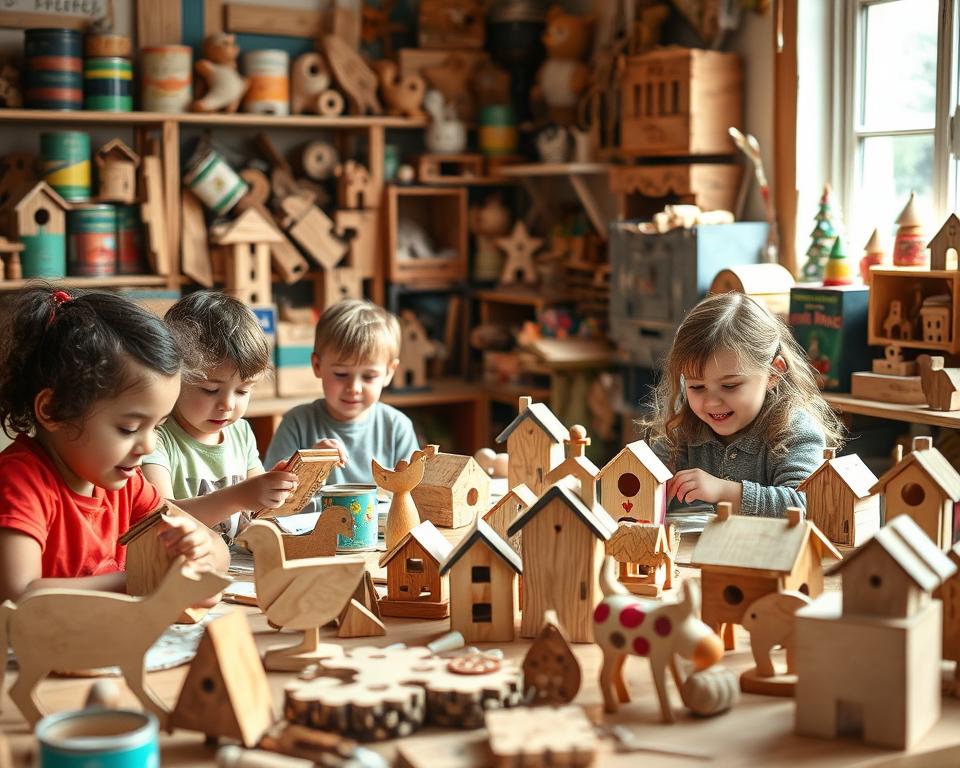 A cozy, well-lit workshop filled with a variety of cheerful kid-friendly recycled wood crafts. In the foreground, a group of young children enthusiastically work on projects, their faces alight with concentration and joy. Intricate wooden animals, whimsical birdhouses, and imaginative puzzles adorn the middle ground. The background showcases an array of recycled materials, from colorful paint cans to repurposed crates, creating a warm, eco-friendly atmosphere. Soft, natural lighting casts a gentle glow, highlighting the unique textures and patterns of the upcycled wood. This inviting scene captures the spirit of creativity and sustainability, perfect for inspiring young minds to explore the wonders of DIY crafting with recycled materials.