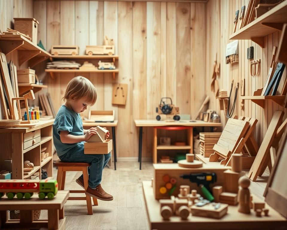 A cozy wood workshop filled with kid-friendly projects. In the foreground, a small child sits on a stool, diligently sanding a wooden birdhouse. Nearby, a collection of simple, brightly colored toys and trinkets - a wooden train, a shape-sorter cube, and a mini toolbox. Shelves along the walls display various unfinished projects - a wooden push-car, a small bench, and a whimsical wooden animal. Soft, warm lighting illuminates the scene, casting a welcoming glow. The atmosphere is one of creativity, learning, and hands-on exploration, perfect for budding young woodworkers.
