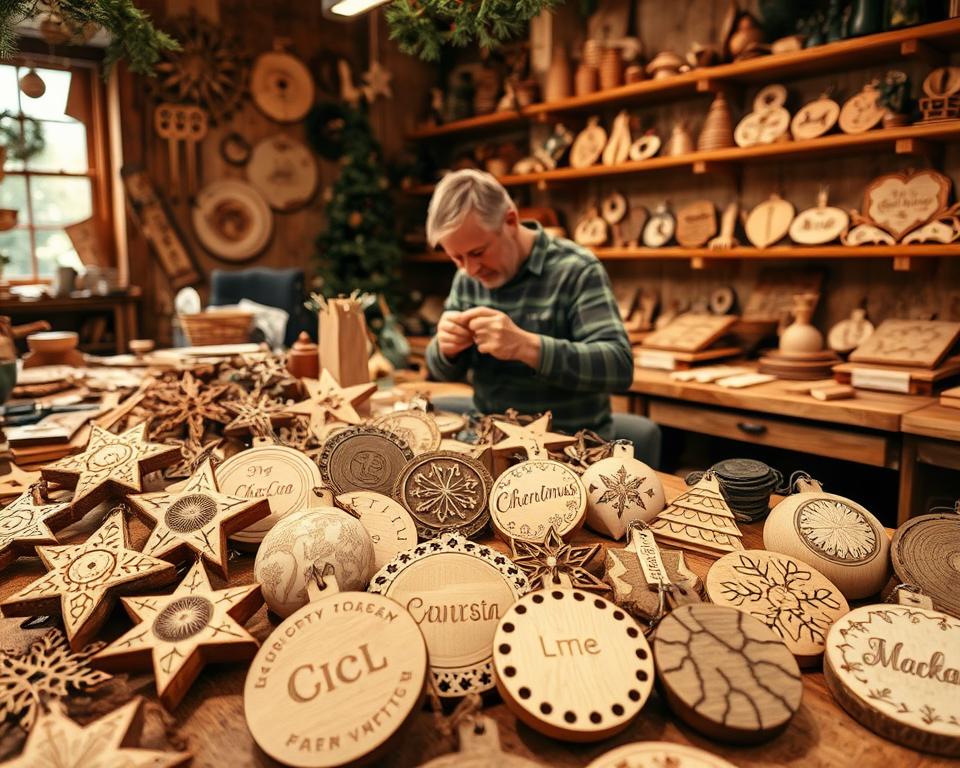 A cozy workshop filled with an array of personalized wooden ornaments, each one uniquely crafted with intricate designs and patterns. The foreground showcases an assortment of ornaments in various shapes and sizes, such as stars, circles, and abstract forms, carved with delicate details and adorned with natural textures like wood grain and knots. In the middle ground, a skilled artisan carefully applies the finishing touches, utilizing a variety of tools and techniques to bring each ornament to life. The background depicts a warm, well-lit space with wooden shelves displaying more personalized creations, creating a sense of homemade charm and holiday inspiration.