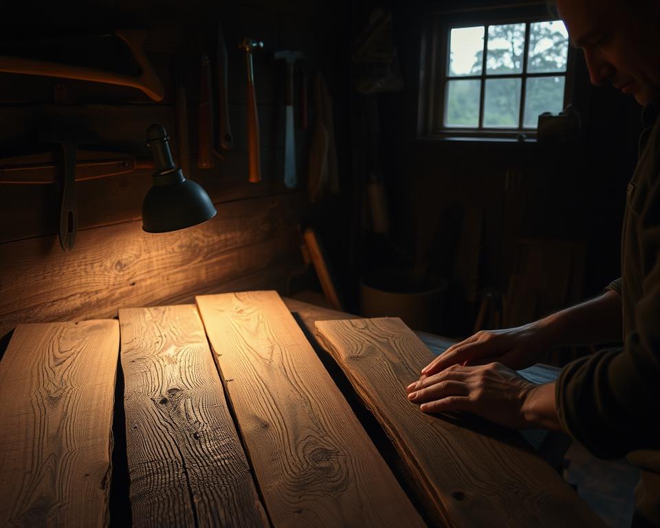 A dimly lit rustic workshop, the warm glow of a workbench lamp illuminating a collection of weathered wooden planks, their surfaces etched with the passage of time. In the foreground, skilled hands carefully sand and shape the reclaimed timber, transforming it into a work of art. Hanging on the walls, tools of the trade - vintage saws, chisels, and hammers - stand ready to breathe new life into these forgotten materials. The air is thick with the scent of freshly cut wood and the quiet hum of creativity. Through the window, a glimpse of the natural world beyond, a reminder of the humble origins of these materials and the endless possibilities that await in their upcycling.