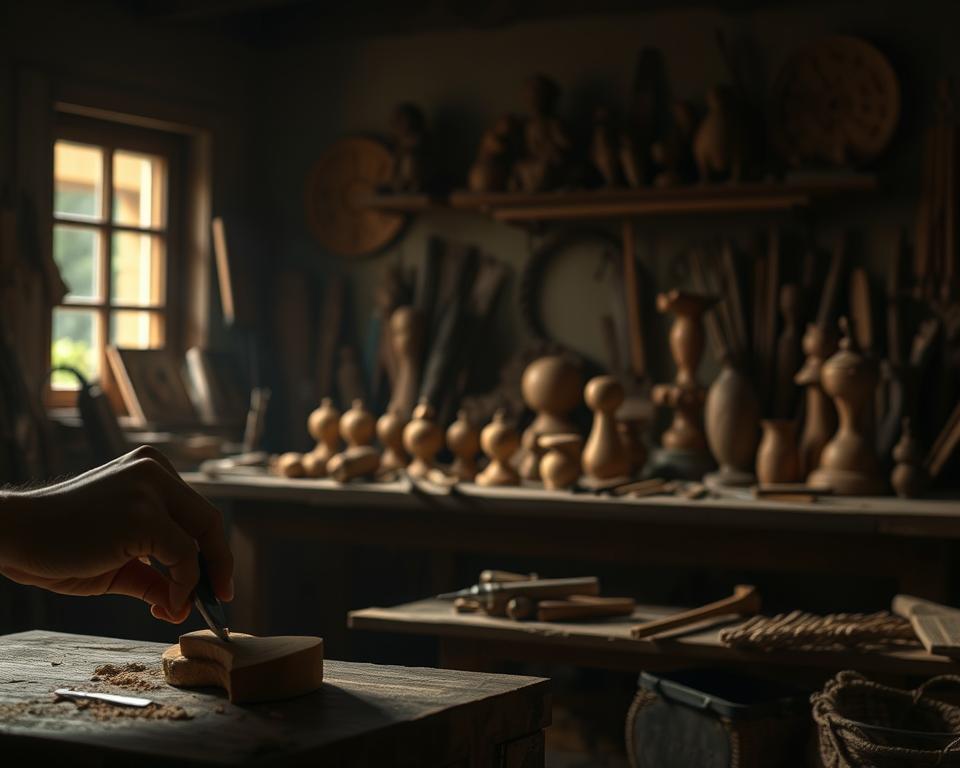 A dimly lit woodworking studio, with soft natural light filtering through the windows. In the foreground, a skilled hand gently carves a piece of wood, the tools deftly shaping the material. The middle ground showcases various carving techniques, from whittling to chip carving, each step captured in intricate detail. In the background, a collection of finished wooden sculptures and tools of the trade, creating a sense of a tranquil workspace dedicated to the art of wood carving. The overall scene conveys a serene, meditative atmosphere, inviting the viewer to explore the fundamental techniques of this timeless craft.