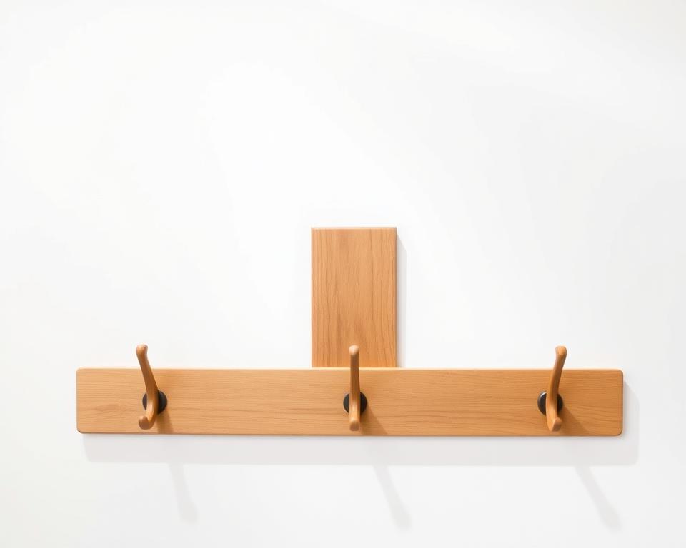 A minimalist, functional coat rack design made of solid oak wood. The foreground features three gently curved hooks in a clean, mid-century modern style, arranged in a visually balanced asymmetric pattern. The middle ground shows the wall-mounted rectangular body, with a natural wood grain texture and a smooth, satin finish. The background is a plain white wall, allowing the warm tones of the wood to stand out. Soft, even lighting from above casts gentle shadows, highlighting the elegant silhouette and craftsmanship of this simple yet impactful DIY project.