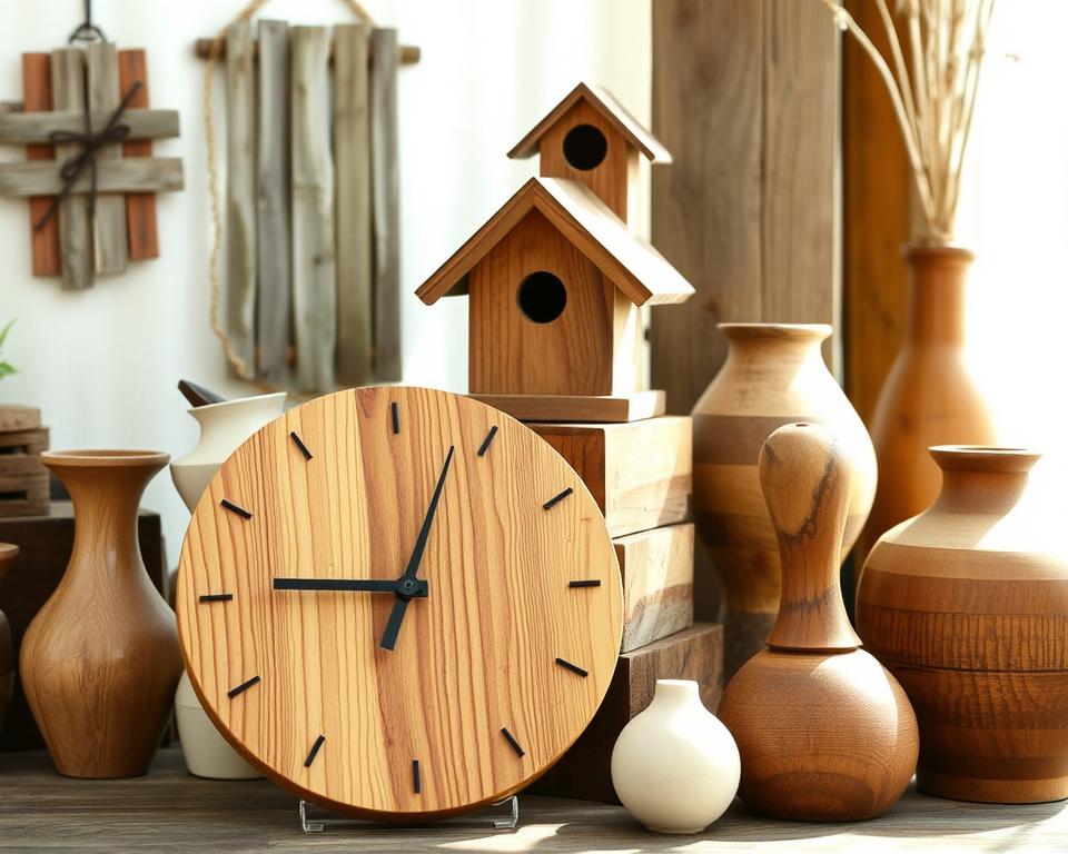 A rustic collection of repurposed wooden items, arranged in a natural, well-lit setting. In the foreground, a sleek wooden clock face crafted from a reclaimed plank, its minimalist design complemented by the warm tones of the wood grain. In the middle ground, a charming wooden birdhouse with a quirky, asymmetrical silhouette, perched atop a stack of neatly arranged wooden blocks. In the background, a variety of other upcycled creations, such as a decorative wall hanging made from weathered wooden slats and a simple yet elegant wooden vase, all bathed in the soft, diffused light of a sun-dappled scene.