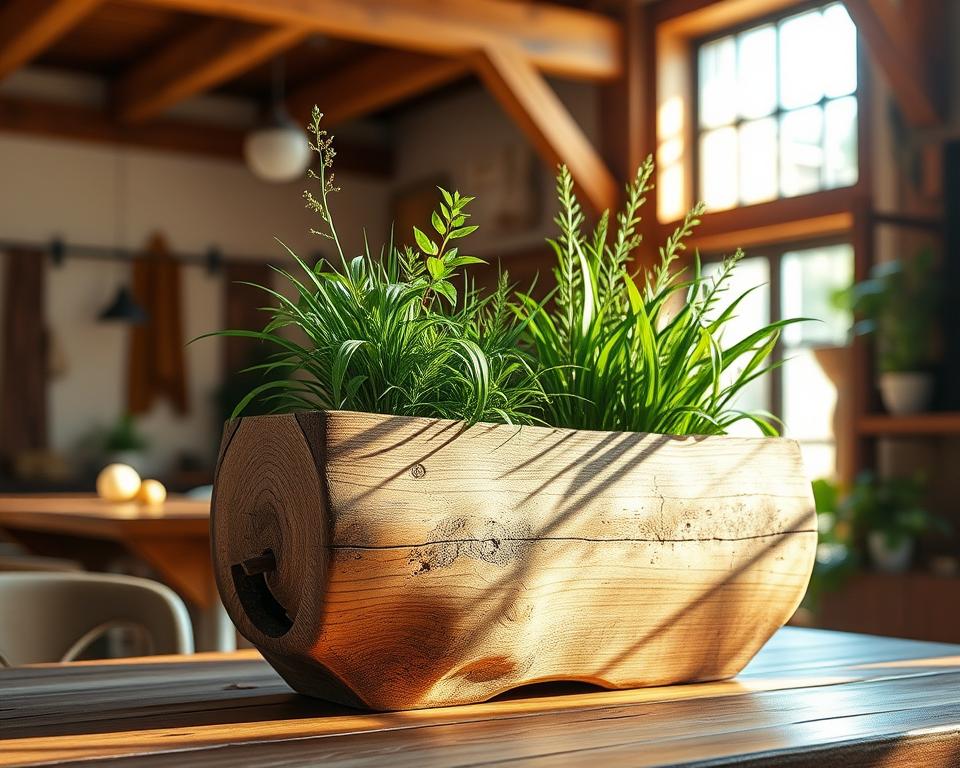 A rustic, hand-crafted recycled wood planter sits on a wooden tabletop, its natural grain and weathered texture creating a warm, earthy ambiance. Sunlight streams through a window, casting soft shadows and highlighting the planter's organic silhouette. The planter is filled with lush, vibrant greenery, adding a touch of life and vitality to the scene. The background is a cozy, inviting interior, with wooden beams and natural materials complementing the planter's aesthetic. The composition is balanced, with the planter as the central focus, surrounded by complementary elements that enhance its charm and character.