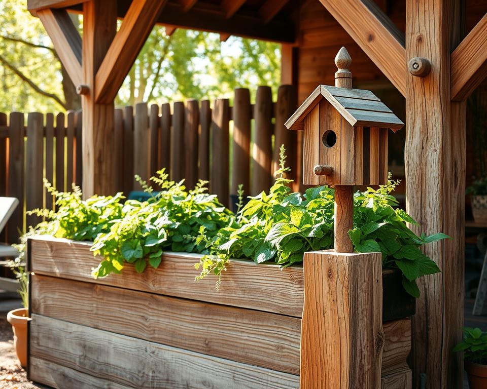 A rustic outdoor wood decor scene with a well-weathered wood planter box overflowing with lush greenery, set against a backdrop of rough-hewn wooden beams and fencing. Sunlight filters through the trees, casting a warm, golden glow and casting soft shadows across the scene. In the foreground, a handcrafted wooden birdhouse sits atop a weathered post, inviting feathered visitors. The overall atmosphere is one of natural, rustic charm, perfectly suited for a cozy outdoor living space.