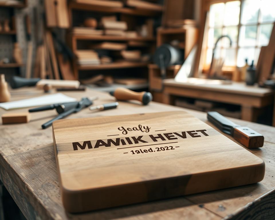 A rustic, personalized wooden cutting board in the foreground, with a smooth grain and a laser-etched custom design. In the middle ground, various woodworking tools, including a chisel, sandpaper, and a small hand saw, are neatly arranged. The background features a cozy, well-lit woodworking workshop, with shelves of finished projects and natural light streaming in through a large window. The overall scene conveys a sense of handcrafted authenticity and the satisfaction of creating a unique, customized piece.