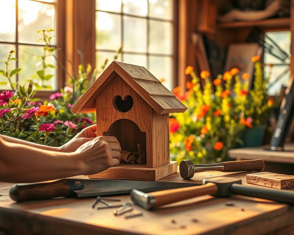 A rustic wooden birdhouse with a peaked roof, nestled among lush greenery and vibrant wildflowers. A skilled pair of hands carefully assemble the intricate pieces, the tools - a saw, hammer, and nails - spread out on a sturdy workbench in the foreground. Warm, golden sunlight filters through the window, casting a soft glow over the workshop. The scene exudes a sense of tranquility and the satisfaction of a handcrafted creation. The overall mood is one of peaceful productivity, inviting the viewer to imagine the joy of building this charming, nature-inspired project.