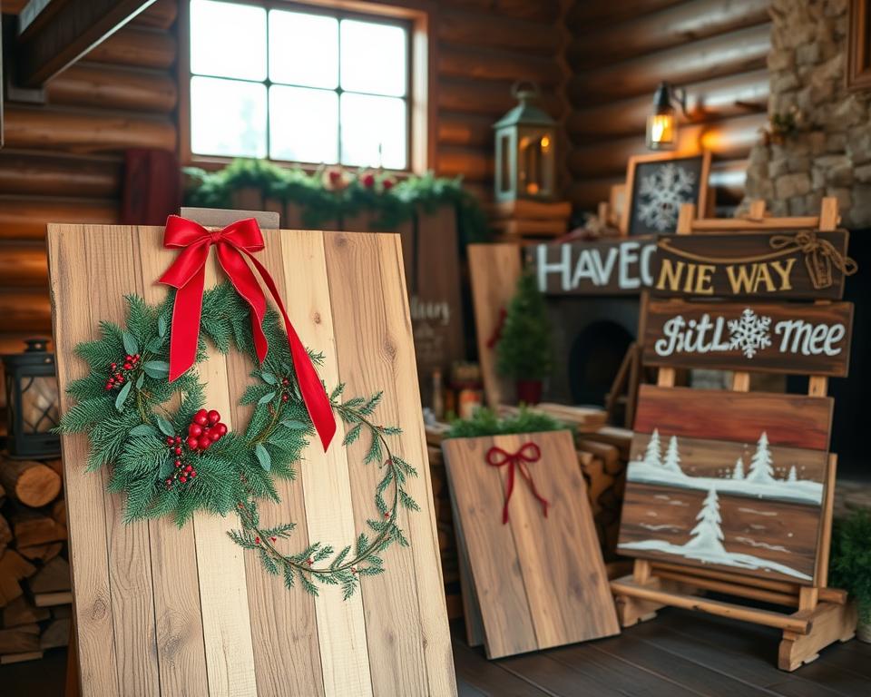A rustic wooden sign display showcasing a variety of seasonal holiday themes. In the foreground, a large wooden board displays an elegant holiday wreath with pine branches, berries, and a red ribbon. Behind it, additional wooden signs feature hand-painted designs of snowflakes, Christmas trees, and other winter motifs. The middle ground features stacks of firewood and a lantern, creating a warm, cozy atmosphere. In the background, a log cabin-style backdrop with exposed beams and a stone fireplace adds to the rustic, cabin-in-the-woods feel. Soft, diffused lighting from a window casts a gentle glow over the entire scene, enhancing the natural textures and holiday cheer.