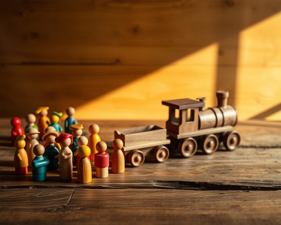 A rustic wooden tabletop, illuminated by warm, natural lighting, showcasing a charming assortment of handcrafted wooden toys. In the foreground, a collection of whimsical figurines, painted in vibrant colors, invites playful interaction. In the middle ground, a beautifully carved wooden train engine pulls a line of intricately detailed carriages, its smooth surfaces reflecting the soft light. In the background, a subtle shadow-play of geometric shapes and textures adds depth and character to the scene, creating an inviting, nostalgic atmosphere reminiscent of a cherished childhood. The overall composition exudes a sense of timeless craftsmanship and the joy of simple, imaginative playtime.