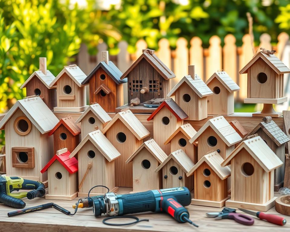 A well-crafted collection of simple yet charming DIY birdhouses, hand-built from natural wood and adorned with rustic accents. The foreground showcases an array of diverse birdhouse designs, each with its own unique personality - from classic cabin-style to whimsical cottage-inspired. The middle ground features a selection of power tools and woodworking supplies, hinting at the satisfying process of creating these avian abodes. In the background, a serene outdoor setting with lush greenery and warm, natural lighting sets the ideal scene for these feathered friends to call home. The overall mood is one of rustic, homespun appeal, inviting the viewer to imagine the joys of crafting these delightful DIY birdhouses.