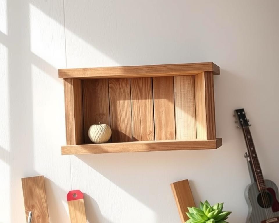 A well-lit, close-up shot of a simple, rustic DIY scrap wood shelf in a bright, airy workshop. The shelf is constructed from various weathered wood pieces of different shades and textures, neatly arranged in a minimalist, floating design. Soft shadows and natural lighting create depth and highlight the organic, handcrafted quality. The shelf is staged with a few simple decorative items, conveying a sense of functional, effortless style. The composition emphasizes the ease and approachability of this practical woodworking project, inviting the viewer to consider making their own scrap wood shelf.