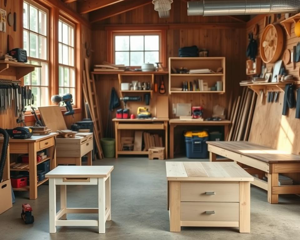 A well-lit, detailed image of a cozy woodworking workshop with various easy DIY furniture projects in the foreground, including a simple side table, a minimalist wall-mounted bookshelf, and a rustic wooden bench. The middle ground showcases a variety of power tools, hand tools, and woodworking materials neatly arranged. The background features large windows letting in natural light, casting a warm, inviting atmosphere. The composition highlights the accessibility and approachability of these beginner-friendly woodworking projects, inspiring the viewer to take on their own DIY furniture makeover this weekend.
