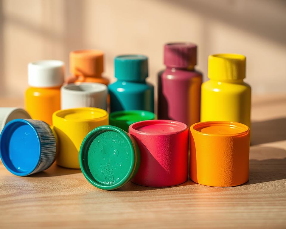 A well-lit, high-quality close-up photo of a variety of non-toxic, eco-friendly paints in vibrant, child-friendly colors. The paints are arranged neatly on a clean, wooden surface, casting soft shadows. The lighting is warm and diffused, creating a cozy, inviting atmosphere. The focus is sharp, showcasing the textured, matte finishes of the paint containers. The composition highlights the quality and safety of the materials, emphasizing their suitability for use on handmade wooden toys.