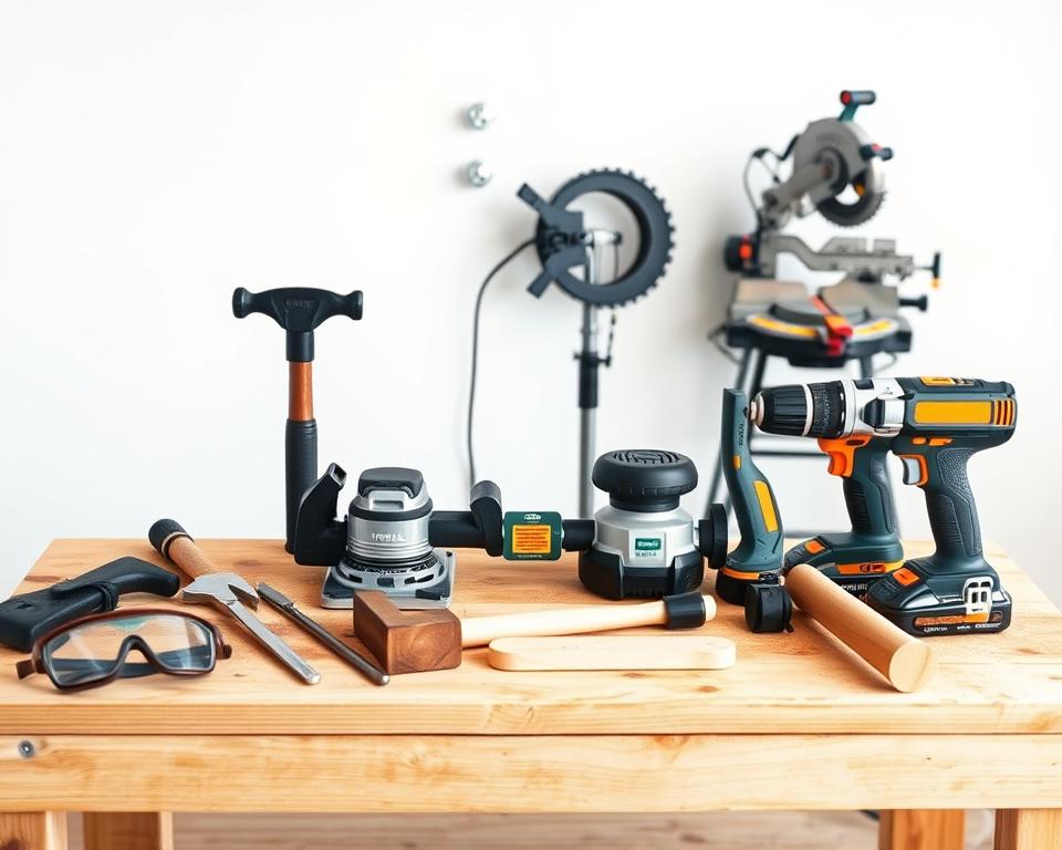 A well-lit, high-resolution image of an assortment of affordable woodworking tools arranged neatly on a simple wooden workbench. The foreground features a hand saw, chisel set, hammer, and safety goggles. The middle ground showcases a budget-friendly orbital sander and cordless power drill. In the background, a miter saw and bench vice stand against a plain white wall, creating a clean, minimalist composition. The lighting is soft and diffused, emphasizing the textures and details of the tools. The overall mood is one of practicality and accessibility, conveying the idea that quality woodworking can be achieved with reasonably priced equipment.