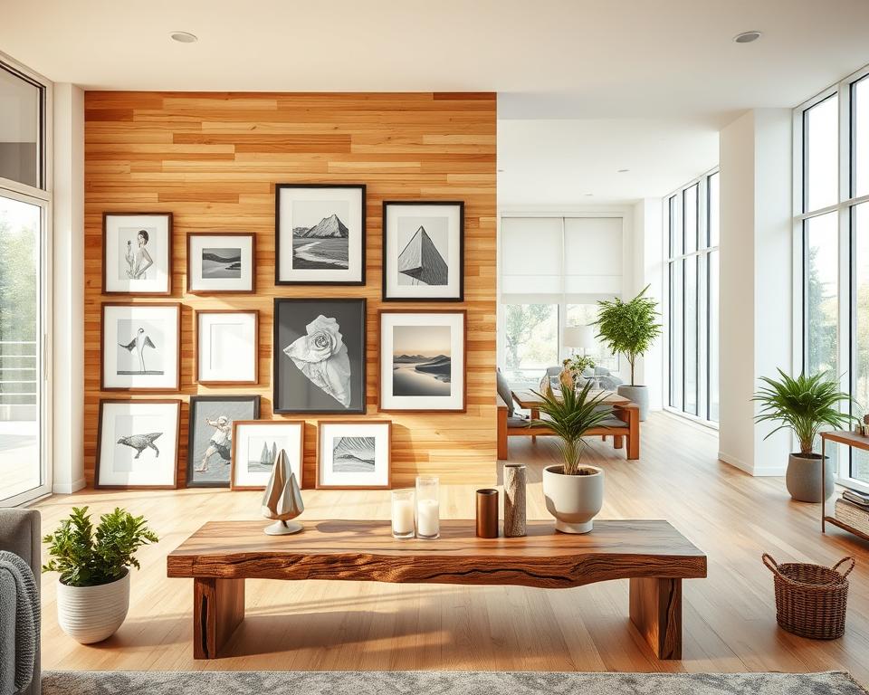 A well-lit, spacious living room with a natural wood accent wall. In the foreground, a carefully curated collection of framed artwork is arranged in a visually appealing asymmetrical layout, showcasing various sizes and styles. The middle ground features a rustic wooden bench or shelf, serving as a stage for additional decorative elements like potted plants, candles, and small sculptures. The background captures a panoramic view of the room, with large windows allowing warm, soft lighting to flood the space. The overall atmosphere is one of tranquility, inspiration, and a harmonious blend of natural and modern design elements.