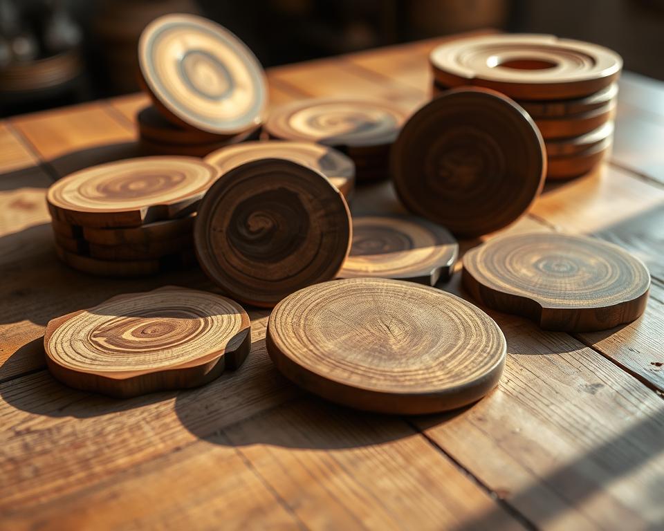 A well-lit studio scene of a wooden tabletop with an assortment of hand-crafted wooden coasters in various shapes and textures. The coasters are arranged in a visually appealing composition, some propped up slightly to showcase their intricate grain patterns and artisanal details. Warm, natural lighting casts soft shadows, highlighting the depth and warmth of the wooden surfaces. The background is slightly blurred, keeping the focus on the carefully crafted coasters. An atmosphere of rustic elegance and craftsmanship pervades the scene.