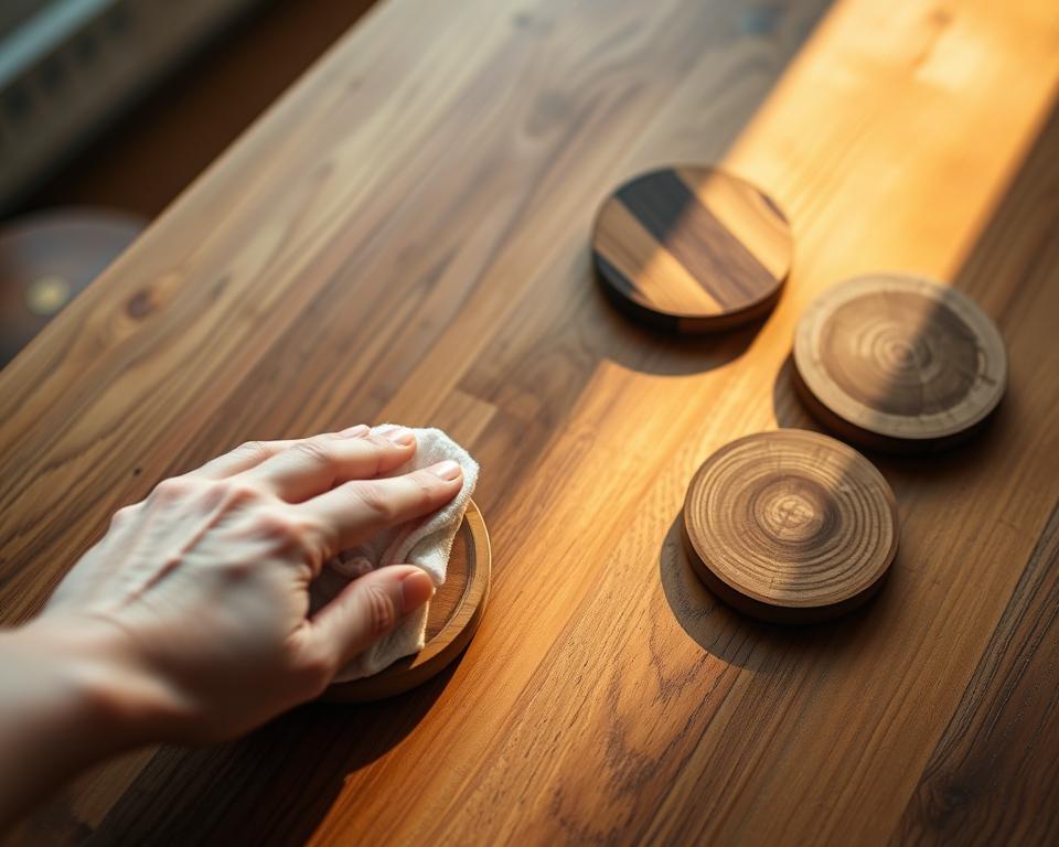 A well-lit wooden table, its surface adorned with a collection of smooth, circular wood coasters. The coasters, carefully crafted from reclaimed wood, are arranged in a visually pleasing pattern, each one showcasing its unique grain and texture. A soft, warm light illuminates the scene, casting gentle shadows and highlighting the natural beauty of the materials. In the foreground, a hand gently polishes one of the coasters, using a soft cloth to maintain its luster and protect its surface. The image conveys a sense of care, attention to detail, and appreciation for the handcrafted nature of the coasters, reflecting the thoughtful maintenance required to preserve their rustic charm.