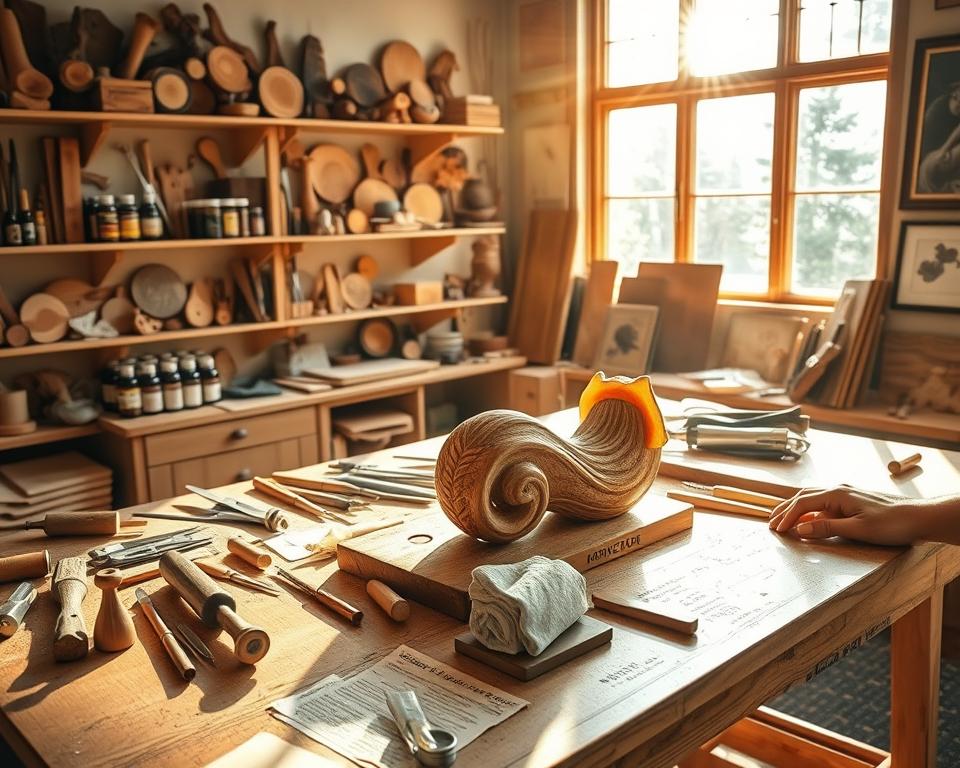 A well-lit wooden workbench, the surface meticulously organized with an assortment of woodcarving tools - chisels, files, sandpaper, and polishing cloths. In the foreground, an intricate wooden sculpture is being gently buffed, the craftsman's hands carefully tending to the delicate curves and textures. Sunlight streams in through large windows, casting a warm, natural glow over the scene. The background features shelves lined with various wood samples, jars of finishing oils, and a few framed examples of the artisan's previous works. An atmosphere of focused attention and reverence for the craft permeates the space.