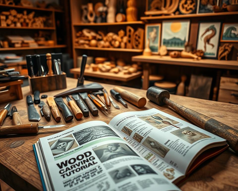 A well-lit wooden workbench with an assortment of wood carving tools neatly arranged, including chisels, knives, and a mallet. In the foreground, a detailed wood carving tutorial book lies open, its pages showcasing intricate carvings and step-by-step guides. The background features a warm, cozy workshop setting, with shelves of wood blocks, finished carvings, and inspirational artwork adorning the walls. The overall atmosphere conveys a sense of learning, creativity, and the joy of handcrafting. Soft, directional lighting illuminates the scene, casting gentle shadows and highlighting the textures of the wood and tools.