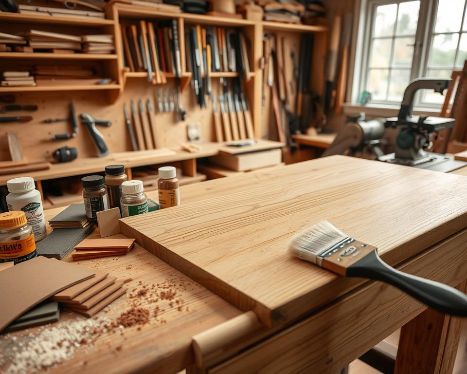 A well-lit woodworking workshop with various finishing tools and techniques on display. In the foreground, a carpenter's workbench showcases a selection of sandpapers, wood stains, and polishing compounds. In the middle ground, a hand-planed wooden surface is being finished with a high-quality varnish, applied with a soft brush. The background features neatly organized shelves containing an array of woodworking accessories, including chisels, clamps, and a band saw. The overall atmosphere conveys a sense of precision, craftsmanship, and the pride of a skilled woodworker.