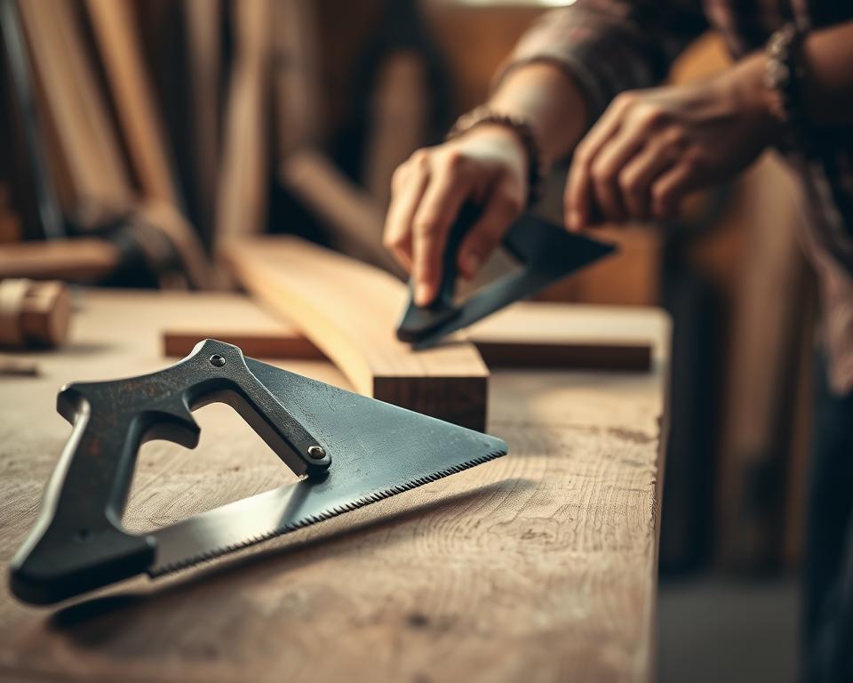 A well-lit workshop setting, a carpenter's workbench in the foreground with a sharp hand saw resting on it, the blade reflecting the light. In the middle ground, a skilled artisan's hands demonstrating the precise, controlled motion of the saw, cutting through a wooden plank with effortless precision. The background subtly blurred, emphasizing the focus on the essential technique. Warm, natural lighting creates a sense of craft and artisanship. The overall mood is one of quiet concentration and craftsmanship.