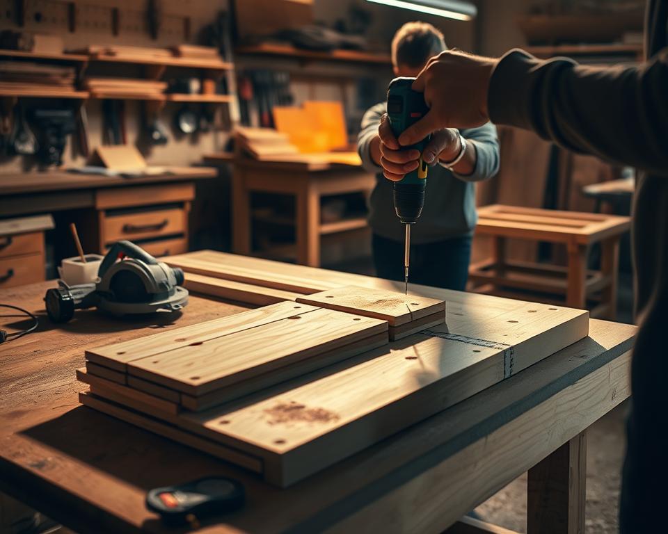 A well-lit workshop with a sturdy workbench. On the surface, a circular saw, tape measure, and a stack of wooden planks in various lengths. In the middle ground, a person using a power drill to create pilot holes in the wood, preparing it for assembly into simple shelving units. Warm, focused lighting illuminates the scene, creating shadows that suggest the careful precision of the task. The background features organized tool storage, workbenches, and the faint outlines of other woodworking equipment, hinting at the broader capabilities of this space.