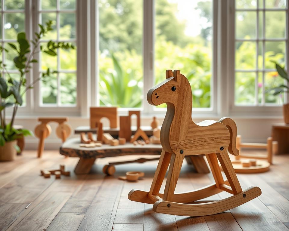 A whimsical wooden toy in a cozy, eco-friendly setting. A handcrafted wooden rocking horse stands proudly in the foreground, its smooth grain and warm tones reflecting the natural light. In the middle ground, a collection of wooden blocks, puzzles, and other educational toys are arranged on a rustic wooden table. The background features a minimalist, nature-inspired room with large windows overlooking a lush, verdant garden. Soft, diffused lighting filters through the space, creating a serene, calming atmosphere. The overall composition evokes a sense of simplicity, sustainability, and the joy of learning through play.