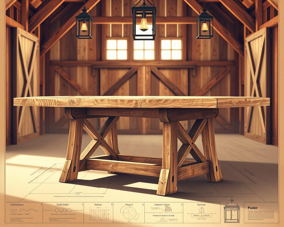 Detailed blueprint of a rustic farmhouse table with a thick, distressed wooden top and sturdy x-shaped leg supports, set against a backdrop of a cozy, sun-dappled barn interior. The table is illuminated by warm, soft lighting from overhead lanterns, casting gentle shadows and highlighting the natural wood grain. The overall composition emphasizes the handcrafted, timeless appeal of this functional yet stylish piece of furniture, perfect for a relaxed, inviting dining space.