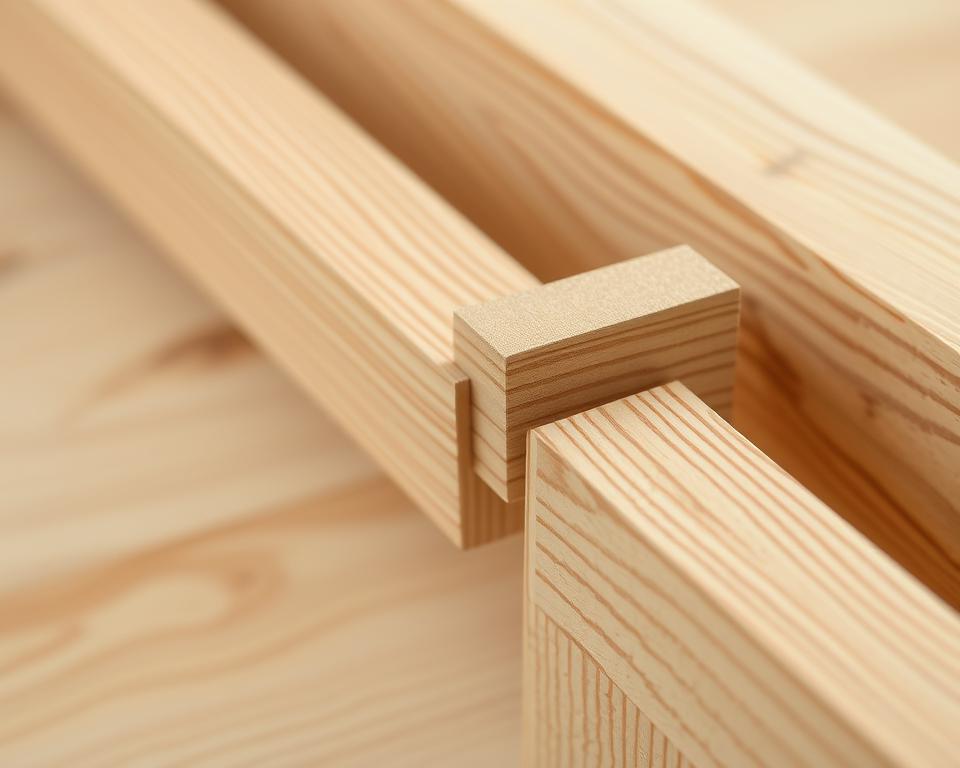 Detailed woodworking joints in a well-lit, minimalist composition. Close-up view showcasing the intricate interlocking patterns and precise joinery techniques. Soft, diffused lighting accentuates the textures and shadows of the wood. Crisp focus on the foreground elements, with a slightly blurred background to emphasize the craftsmanship. Angles and perspectives carefully chosen to highlight the structural integrity and visual appeal of these essential woodworking connections.