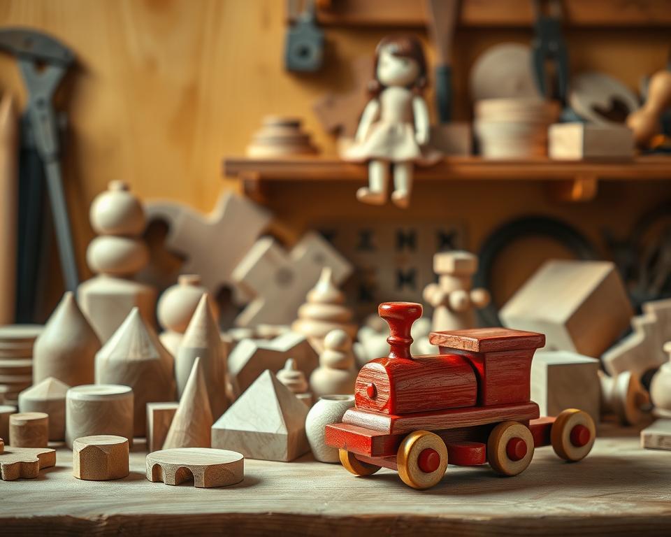 Wooden toy ideas, a charming collection of handcrafted figures, vehicles, and puzzles nestled on a wooden workbench. Intricate carvings and natural textures bring life to these whimsical creations, illuminated by warm, diffused lighting that casts soft shadows. In the foreground, a vibrant red wooden train engine stands proudly, its smooth curves and detailed paintwork inviting imaginative play. Surrounding it, a variety of wooden building blocks, shapes, and intricate puzzle pieces beckon to be discovered. In the middle ground, a carefully crafted wooden doll with a serene expression sits atop a shelf, its delicate features and elegant dress promising hours of storytelling. The background fades into a warm, rustic ambiance, with hints of natural wood grains and the faint outline of workshop tools, hinting at the joy of creating these whimsical treasures by hand.