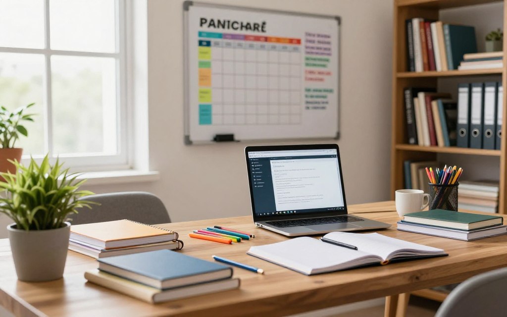 A bright and inviting study space arranged with a wooden desk laden with neatly stacked notebooks, colorful stationery, and a laptop open to an organization app. In the foreground, a potted plant adds a touch of greenery. The middle ground features an organized wall-mounted whiteboard with color-coded study schedules and motivational quotes, adjacent to a bookshelf filled with academic books and binders. In the background, a large window allows natural light to flood the room, creating a warm and productive atmosphere. The composition is shot from a slightly elevated angle, emphasizing the organization of the space. The overall mood is focused, inspiring, and conducive to learning.