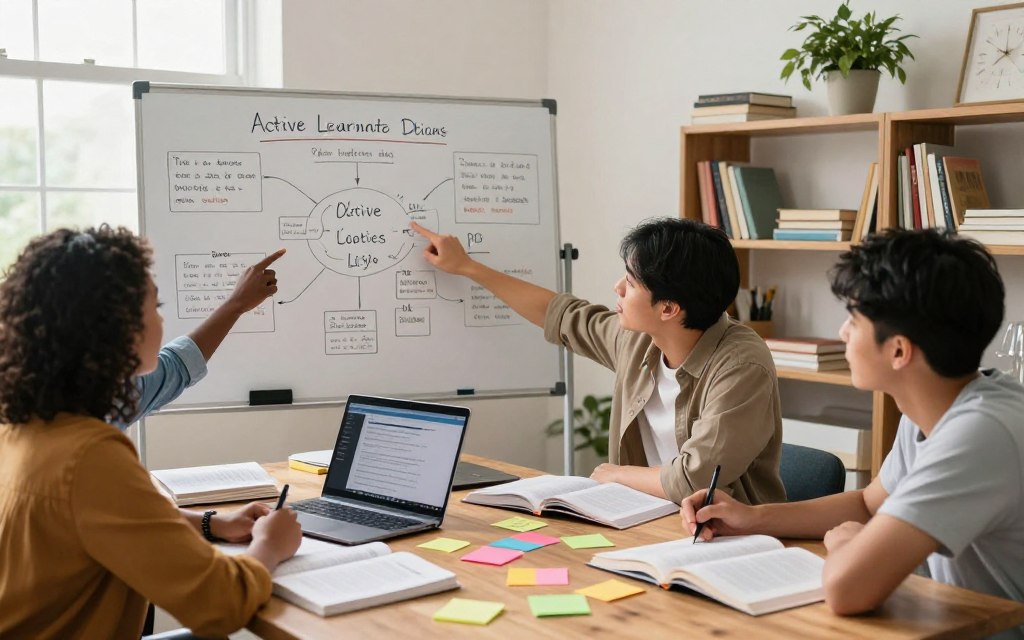 A bright, organized study space with a wooden desk cluttered with colorful sticky notes, open textbooks, and a laptop displaying educational content. In the foreground, a diverse group of students (a Black woman, a Hispanic man, and an Asian woman) engaged in a dynamic discussion, pointing at a mind map that illustrates various study techniques. In the middle ground, a whiteboard filled with flowcharts and diagrams related to active learning methods, such as summarization and self-testing. Soft, natural light streams through a window, creating an inviting atmosphere. The background features shelves filled with books and a potted plant, adding a touch of greenery. The overall mood is focused and collaborative, promoting an environment of effective learning.