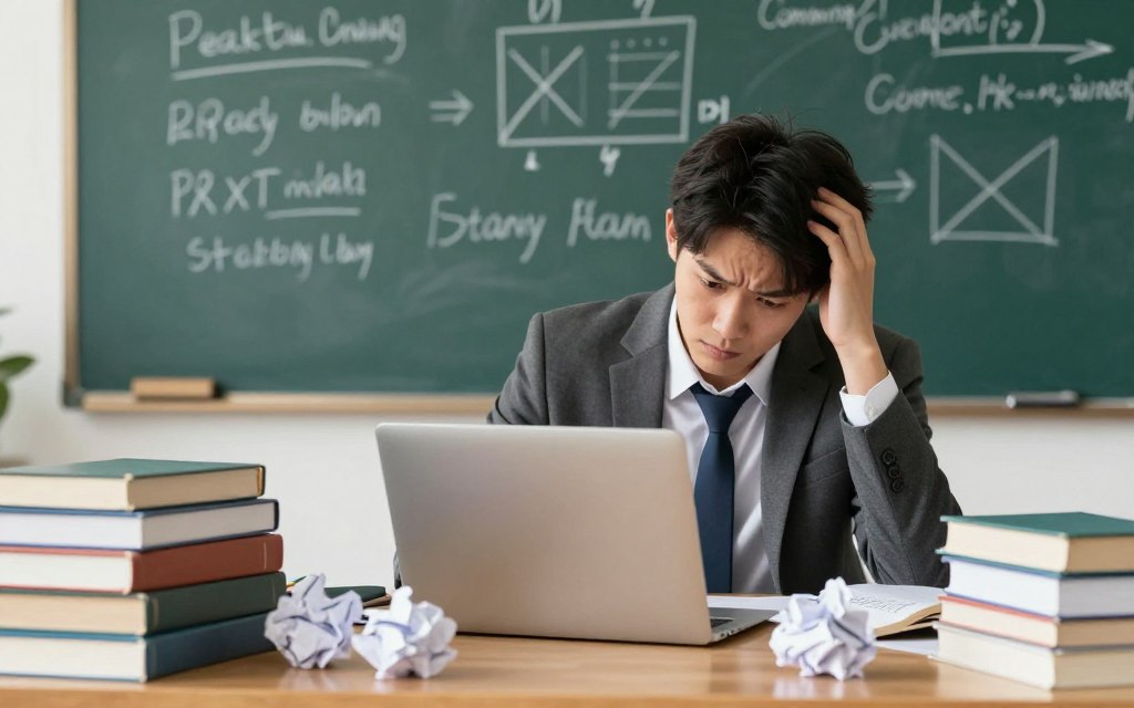 A cluttered study desk in the foreground with scattered books, crumpled papers, and an open laptop displaying a jumbled study plan. In the middle ground, a frustrated student wearing professional business attire stares at the mess, scratching their head in confusion. Bright overhead lighting highlights the chaos, creating a sense of urgency and stress. In the background, a chalkboard filled with hasty notes and crossed-out ideas emphasizes common study plan mistakes. The environment conveys tension and the need for organization, with a warm color palette to contrast the disorder. The overall atmosphere should evoke a feeling of realization and a call for improvement in study habits.